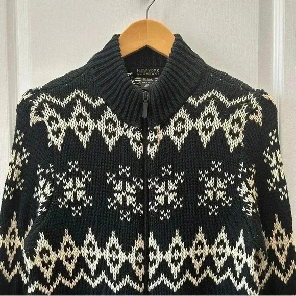 New York & Co Cardigan Ramie Cotton Knit Zip Front Sweater Black Beige Medium - Picture 5 of 14